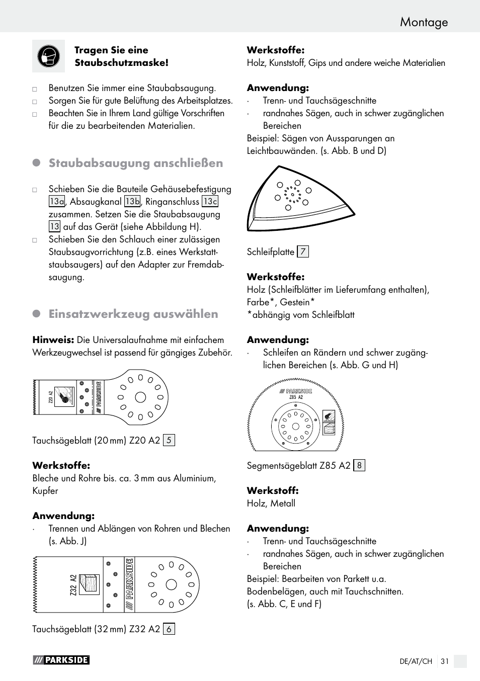 Montage, Staubabsaugung anschließen, Einsatzwerkzeug auswählen | Parkside PMFW 280 A2 User Manual | Page 31 / 44