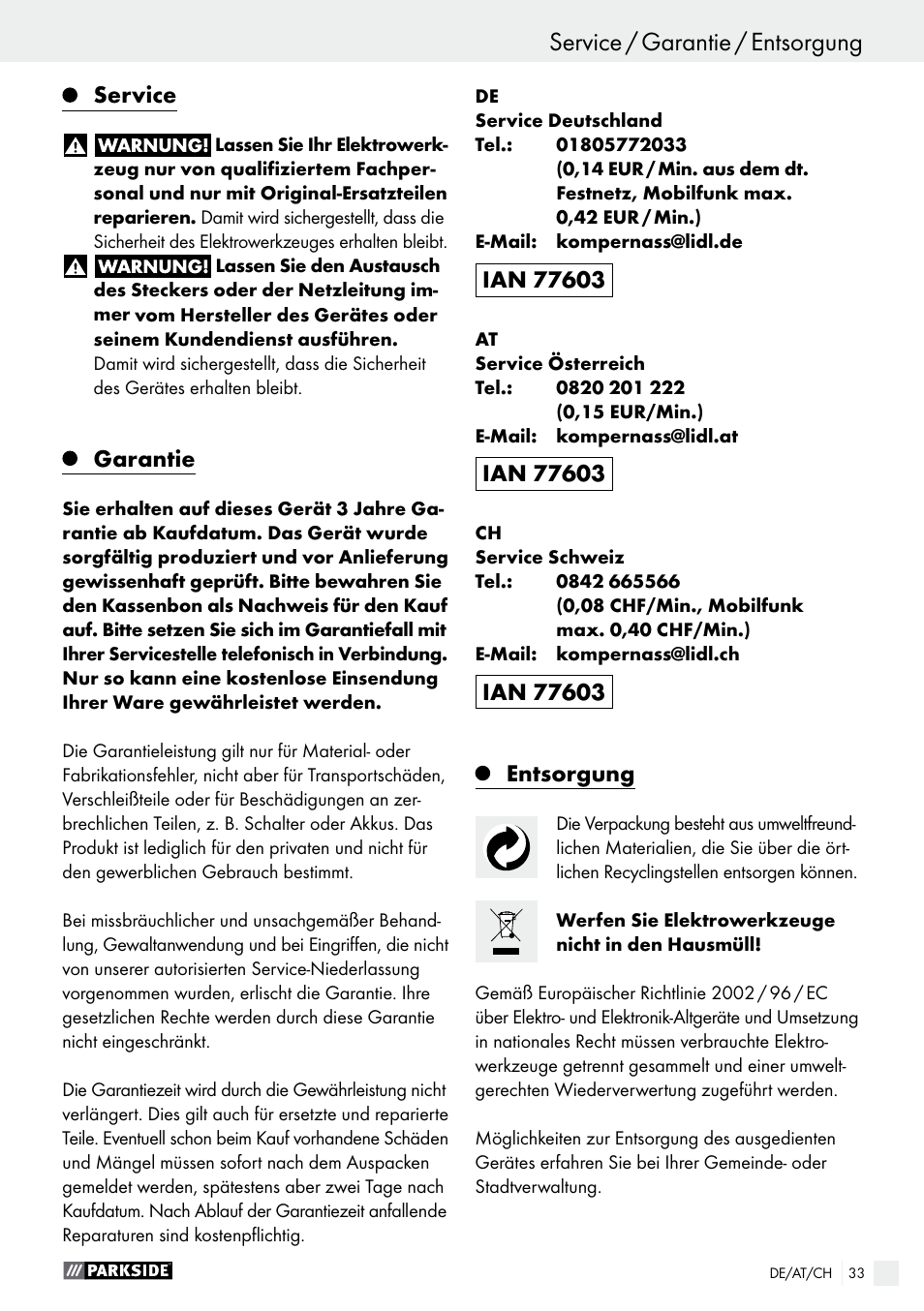 Service, Garantie, Entsorgung | Parkside PMFW 280 A2 User Manual | Page 33 / 44