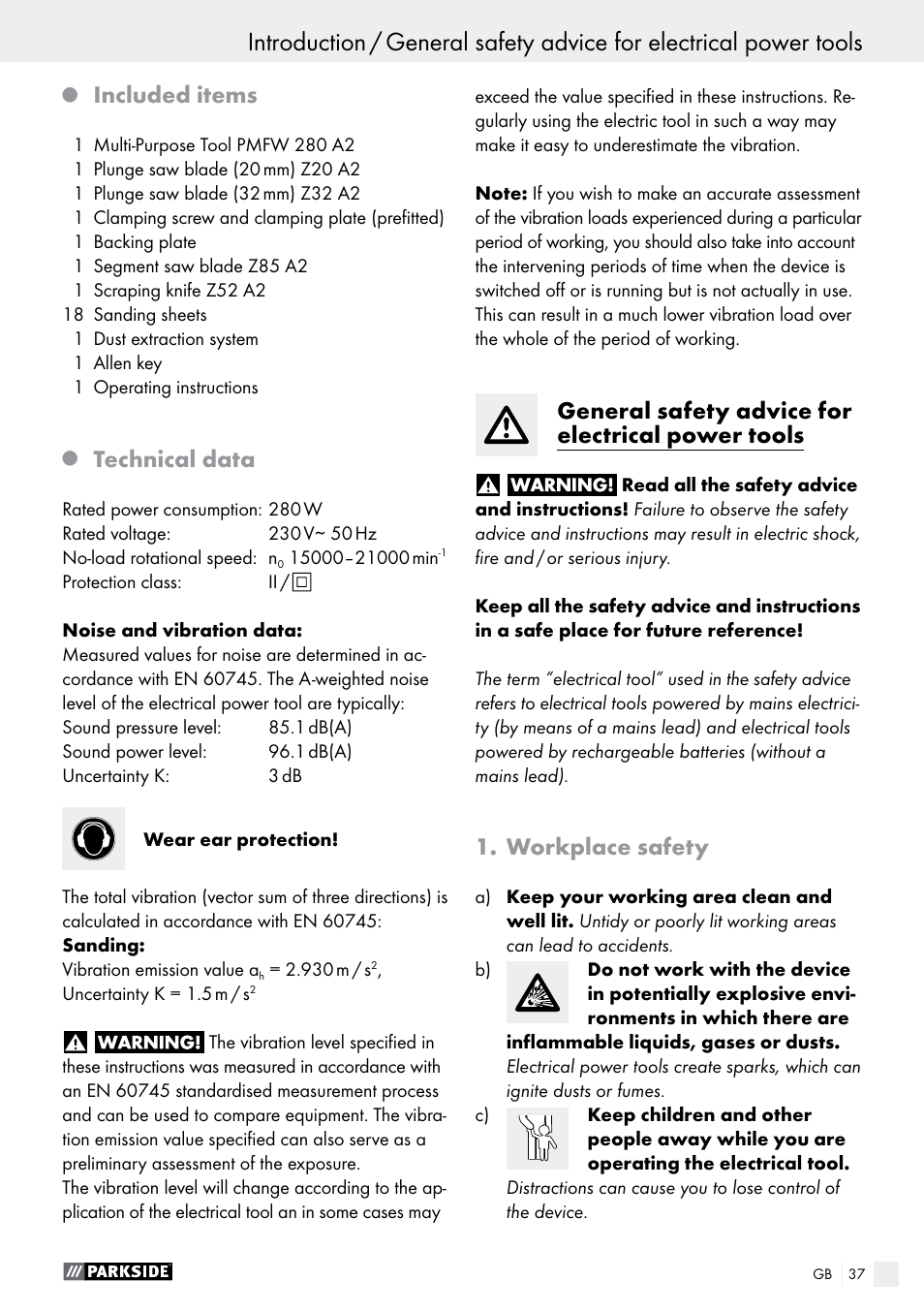 Included items, Technical data, General safety advice for electrical power tools | Workplace safety | Parkside PMFW 280 A2 User Manual | Page 37 / 44