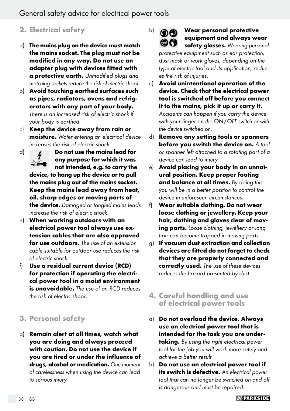 General safety advice for electrical power tools, Electrical safety, Personal safety | Careful handling and use of electrical power tools | Parkside PMFW 280 A2 User Manual | Page 38 / 44