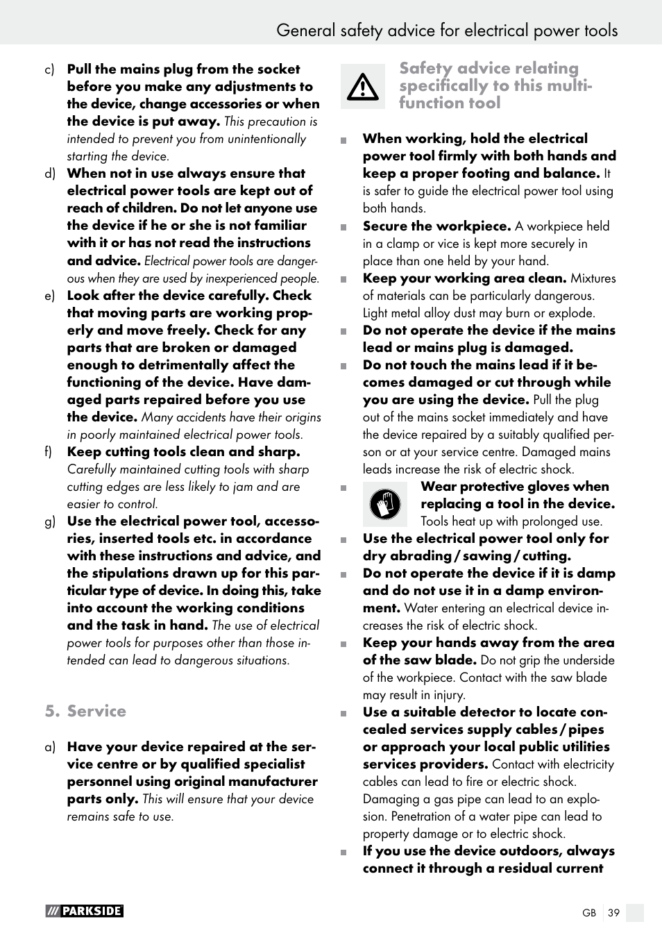 General safety advice for electrical power tools, Service | Parkside PMFW 280 A2 User Manual | Page 39 / 44