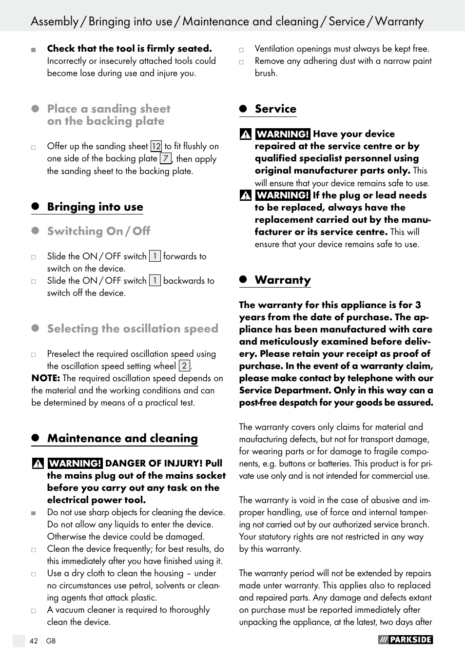 Place a sanding sheet on the backing plate, Bringing into use, Switching on / off | Selecting the oscillation speed, Maintenance and cleaning, Service, Warranty | Parkside PMFW 280 A2 User Manual | Page 42 / 44