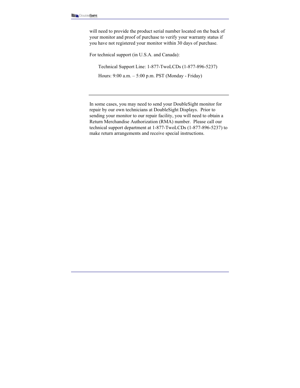Returning for repair service | DoubleSight Displays DS-15xx User Manual | Page 46 / 53