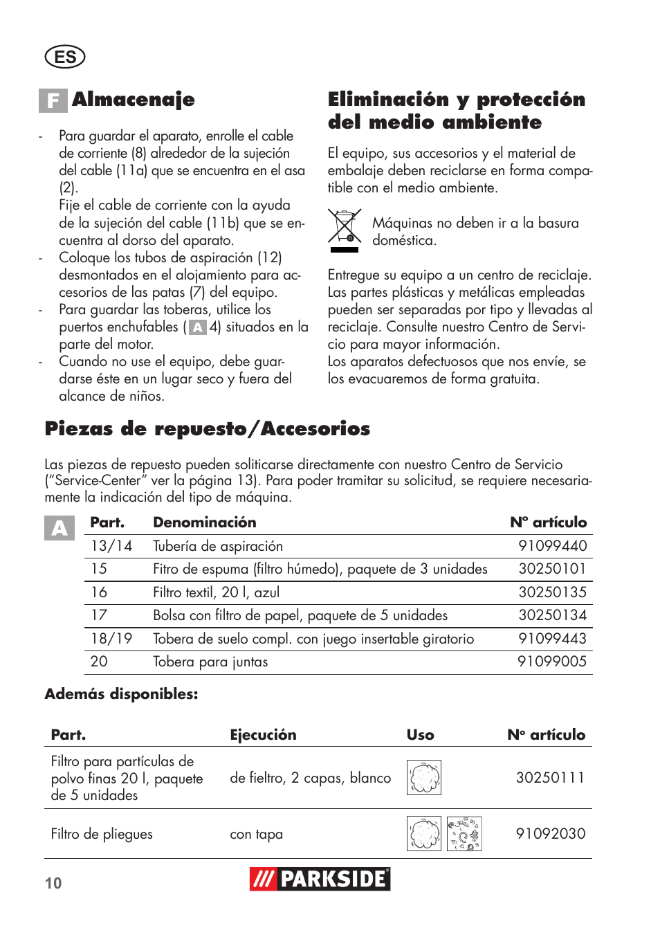 Almacenaje, Eliminación y protección del medio ambiente, Piezas de repuesto/accesorios | Parkside PNTS 1300 B2 User Manual | Page 10 / 60