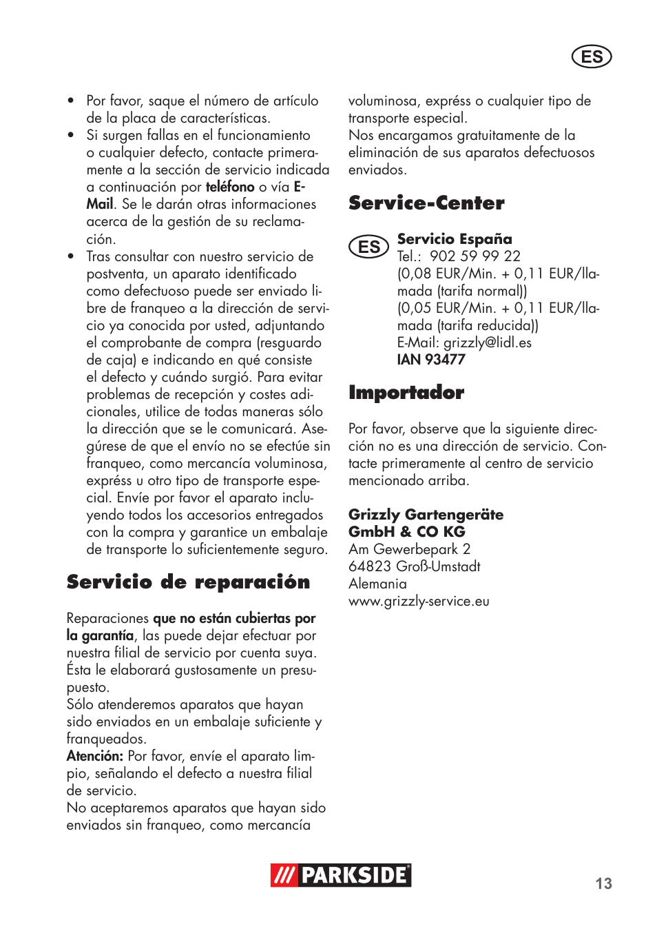 Servicio de reparación, Service-center, Importador | Parkside PNTS 1300 B2 User Manual | Page 13 / 60