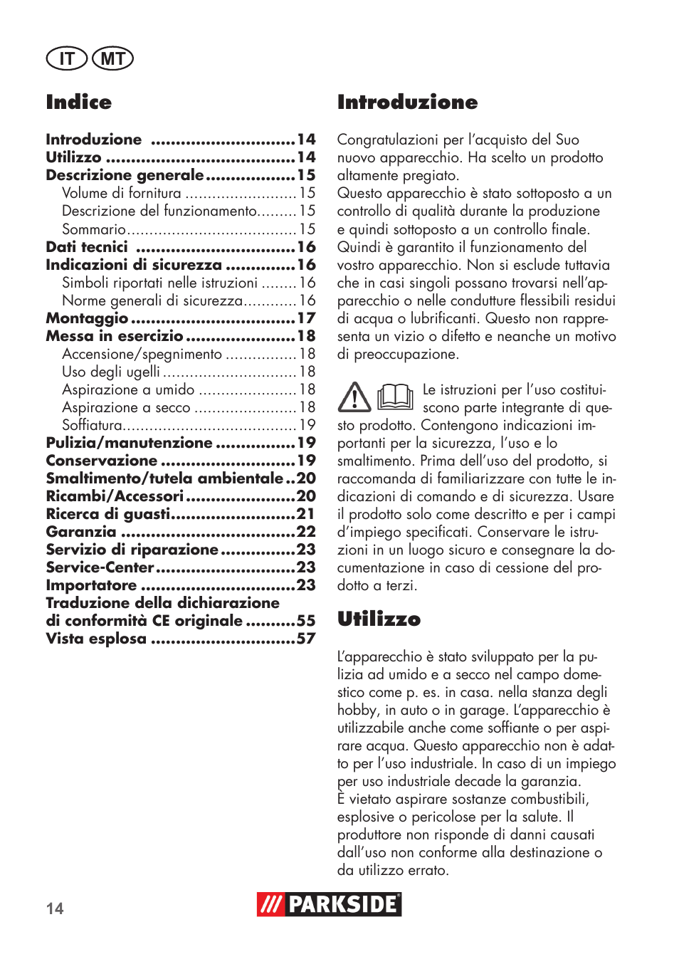 Indice, Introduzione, Utilizzo | It mt | Parkside PNTS 1300 B2 User Manual | Page 14 / 60