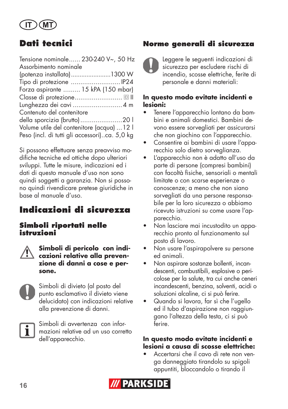 Dati tecnici, Indicazioni di sicurezza, It mt | Parkside PNTS 1300 B2 User Manual | Page 16 / 60