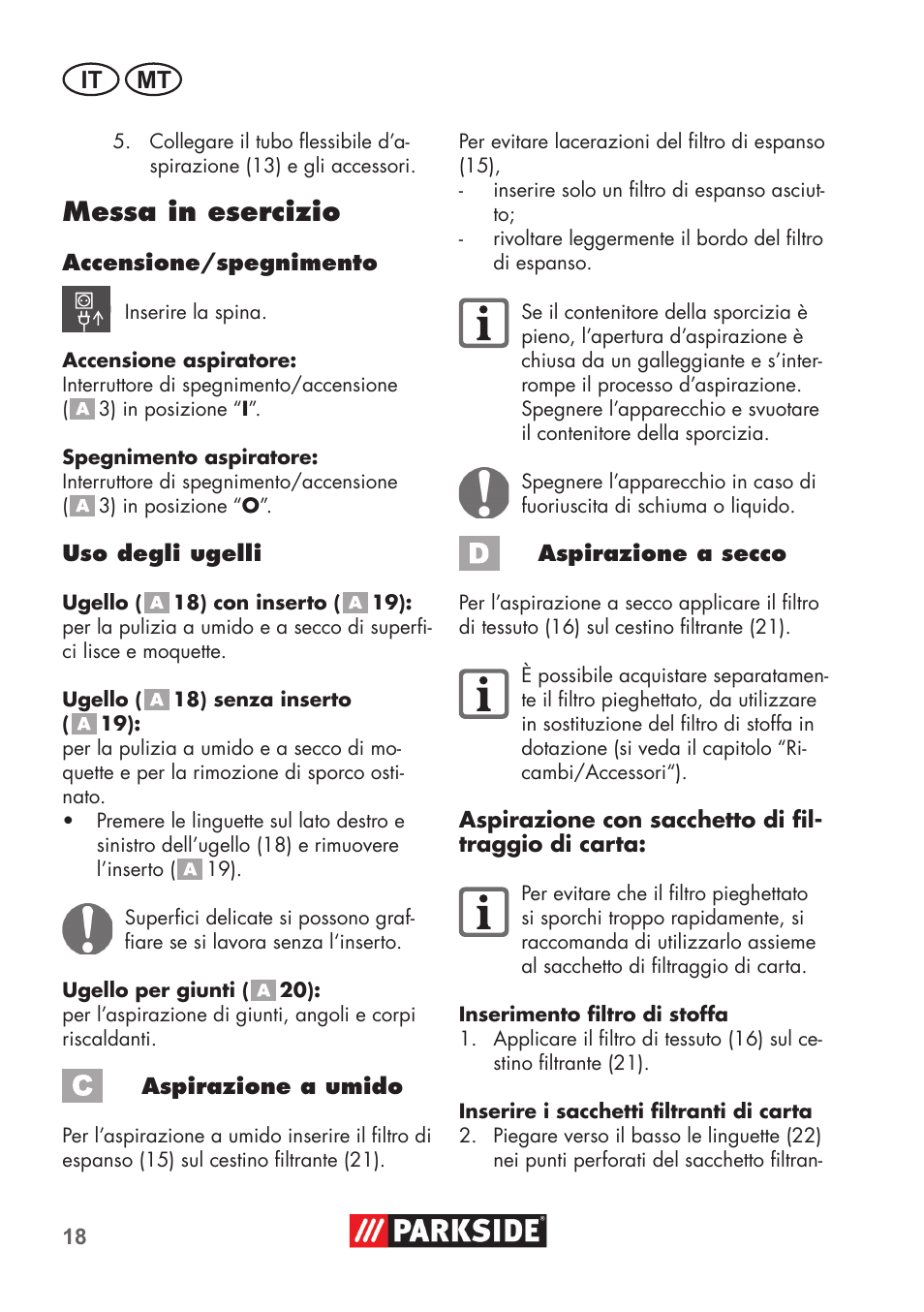 Messa in esercizio, It mt | Parkside PNTS 1300 B2 User Manual | Page 18 / 60