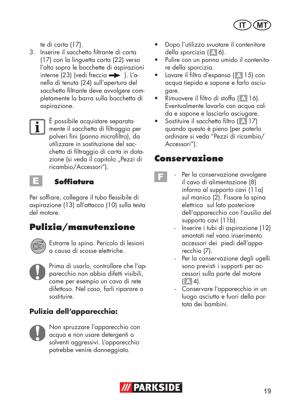 Pulizia/manutenzione, Conservazione, It mt | Parkside PNTS 1300 B2 User Manual | Page 19 / 60