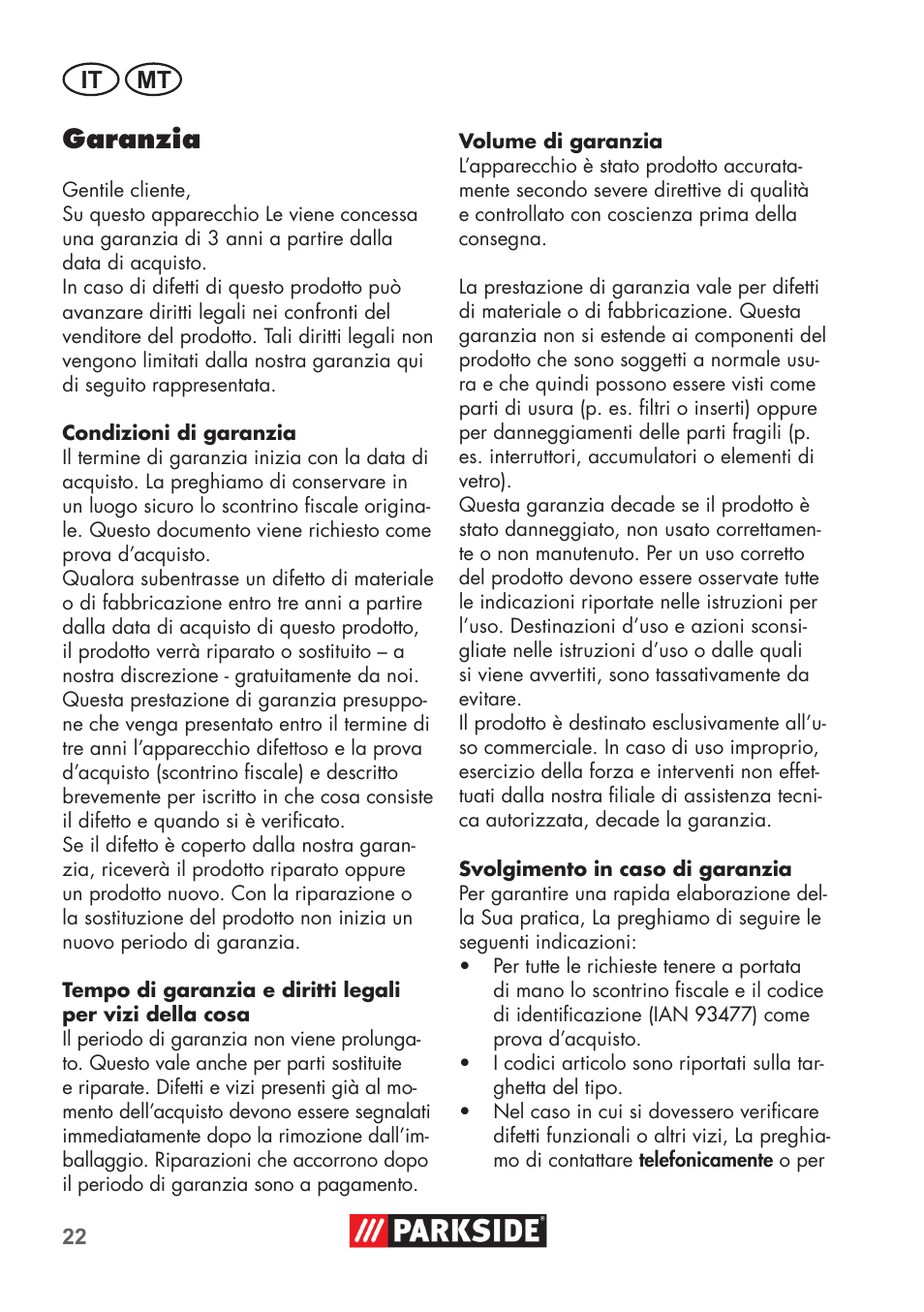 Garanzia, It mt | Parkside PNTS 1300 B2 User Manual | Page 22 / 60