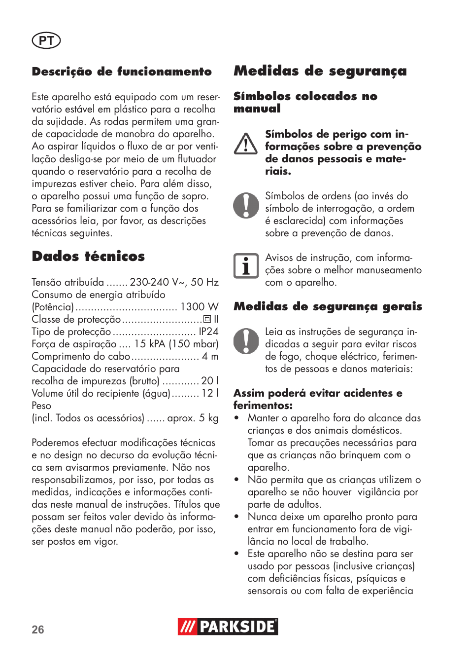 Dados técnicos, Medidas de segurança | Parkside PNTS 1300 B2 User Manual | Page 26 / 60