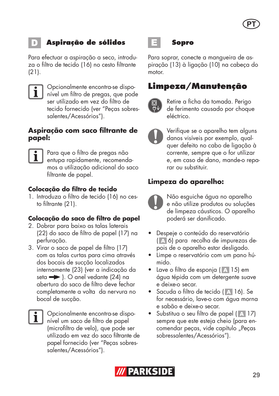 Limpeza/manutenção | Parkside PNTS 1300 B2 User Manual | Page 29 / 60