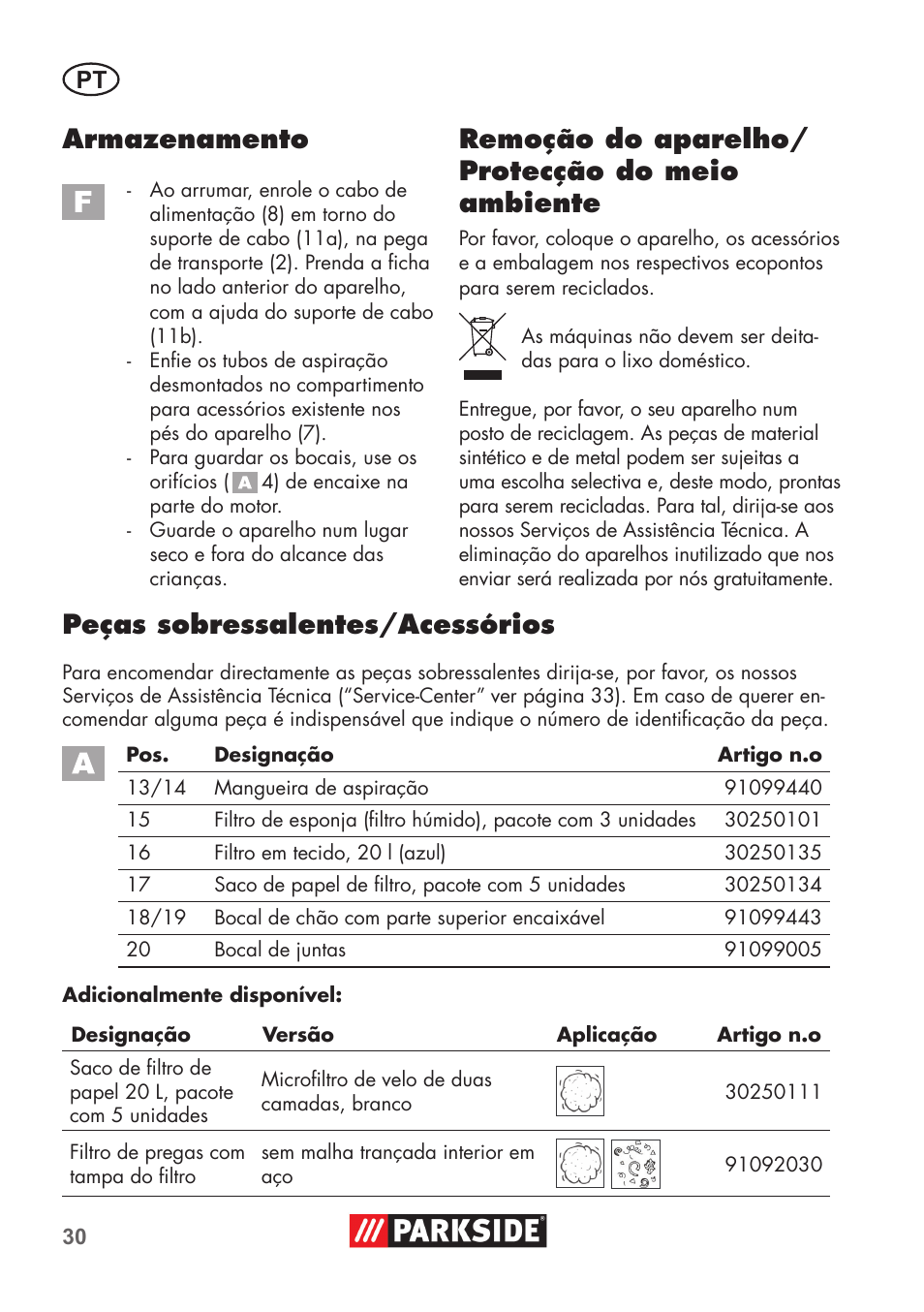 Armazenamento, Remoção do aparelho/ protecção do meio ambiente, Peças sobressalentes/acessórios | Parkside PNTS 1300 B2 User Manual | Page 30 / 60