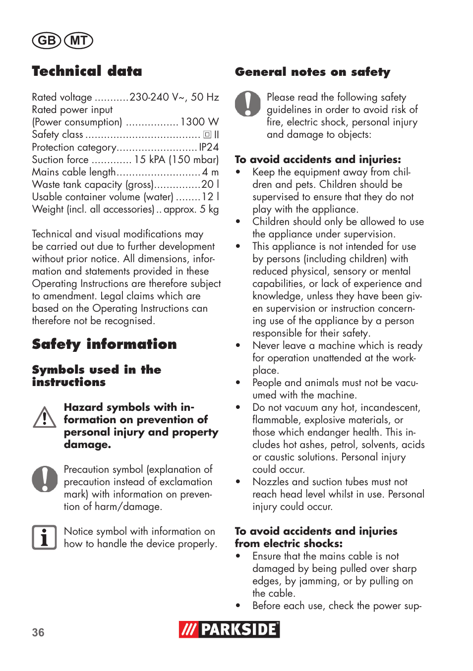 Technical data, Safety information, Gb mt | Parkside PNTS 1300 B2 User Manual | Page 36 / 60