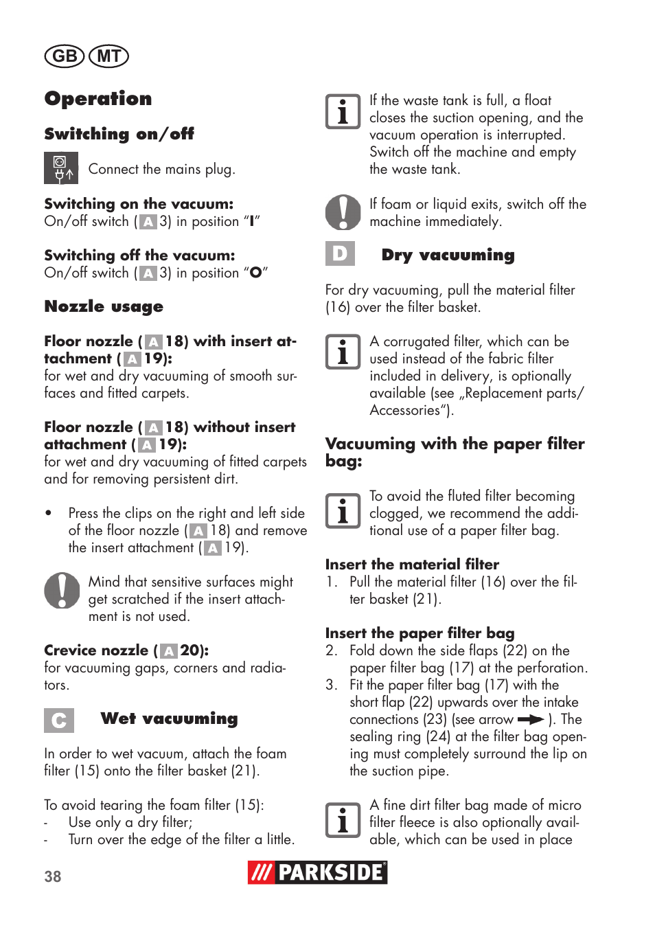 Operation, Gb mt | Parkside PNTS 1300 B2 User Manual | Page 38 / 60