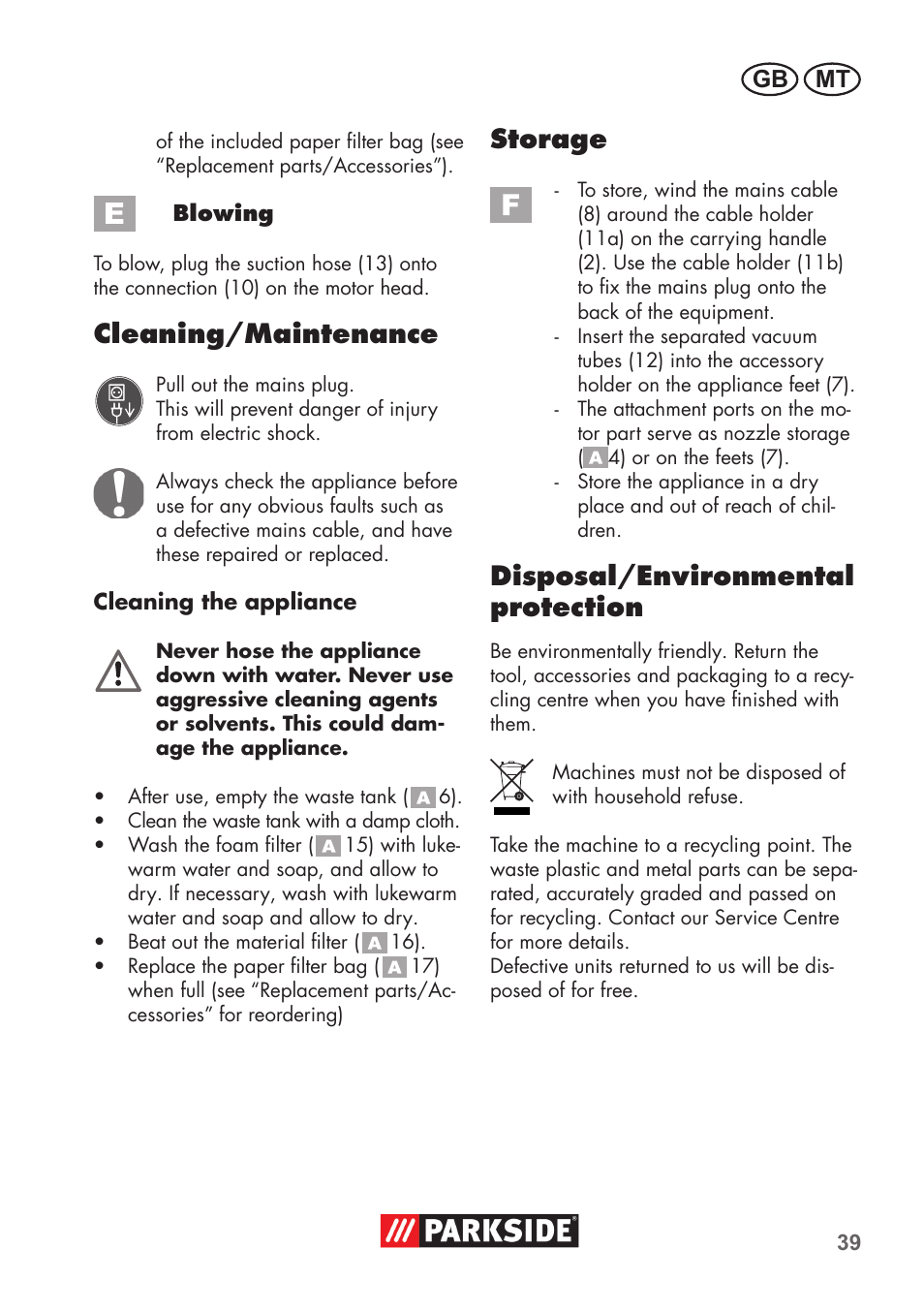 Cleaning/maintenance, Storage, Disposal/environmental protection | Gb mt | Parkside PNTS 1300 B2 User Manual | Page 39 / 60