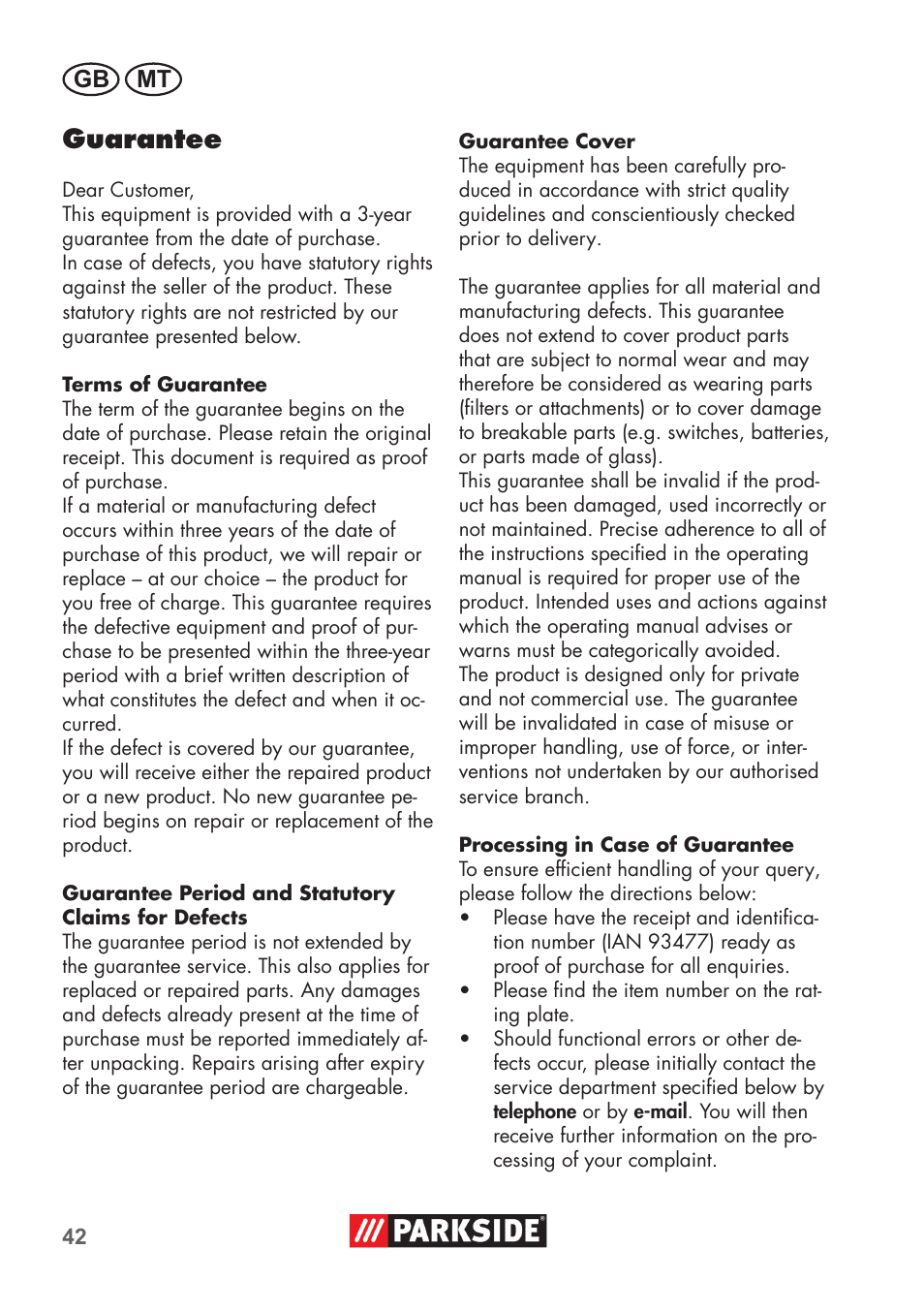 Guarantee, Gb mt | Parkside PNTS 1300 B2 User Manual | Page 42 / 60