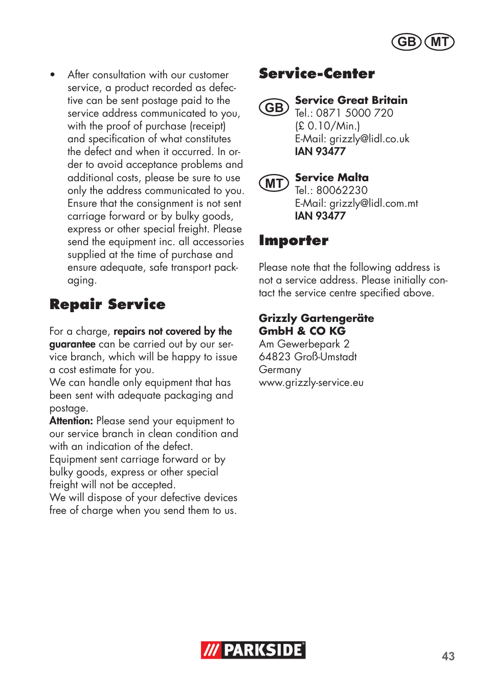 Repair service, Service-center, Importer | Parkside PNTS 1300 B2 User Manual | Page 43 / 60