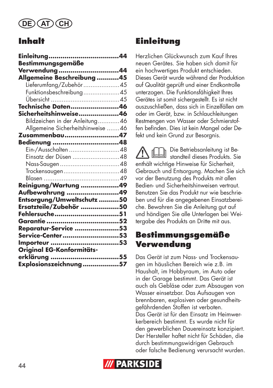 Inhalt, Einleitung, Bestimmungsgemäße verwendung | De at ch | Parkside PNTS 1300 B2 User Manual | Page 44 / 60