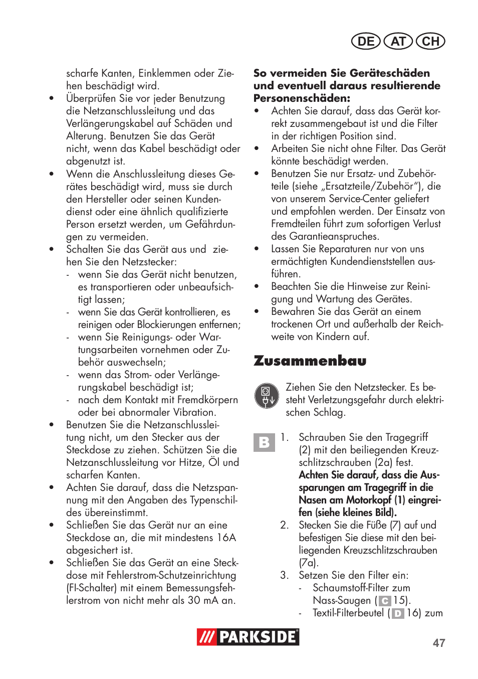 Zusammenbau, De at ch | Parkside PNTS 1300 B2 User Manual | Page 47 / 60