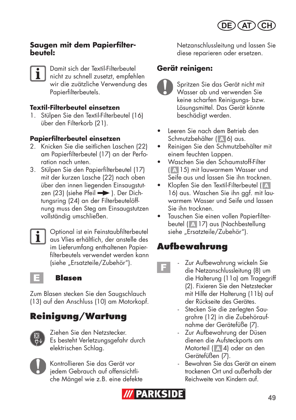 Reinigung/wartung, Aufbewahrung, De at ch | Parkside PNTS 1300 B2 User Manual | Page 49 / 60