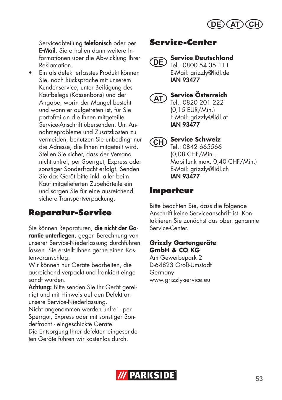 Reparatur-service, Service-center, Importeur | De at ch | Parkside PNTS 1300 B2 User Manual | Page 53 / 60