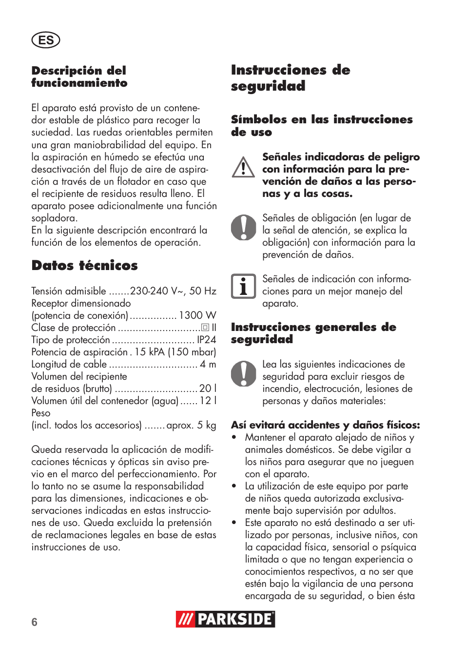 Datos técnicos, Instrucciones de seguridad | Parkside PNTS 1300 B2 User Manual | Page 6 / 60