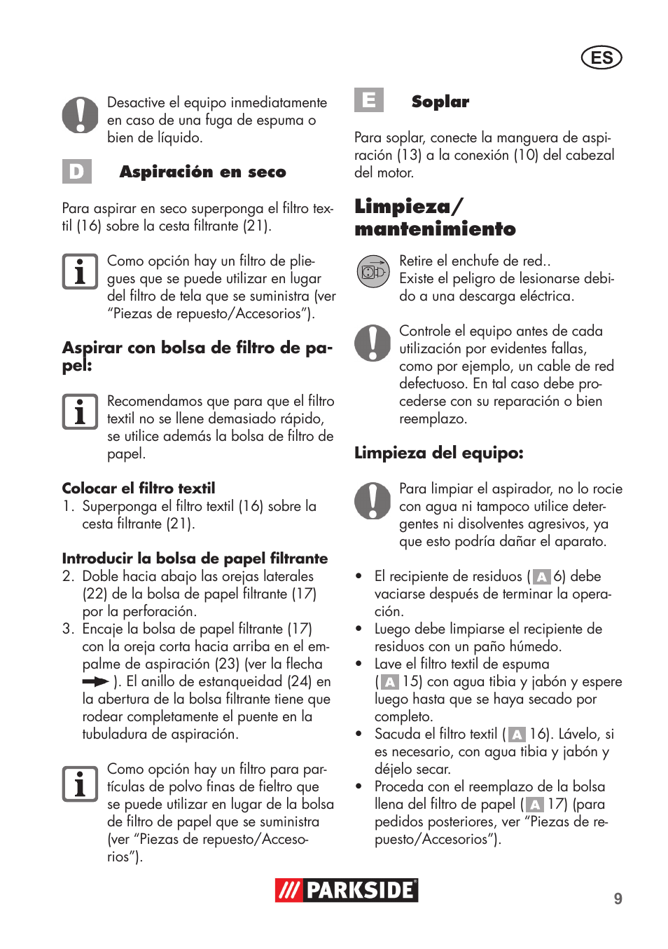 Limpieza/ mantenimiento | Parkside PNTS 1300 B2 User Manual | Page 9 / 60