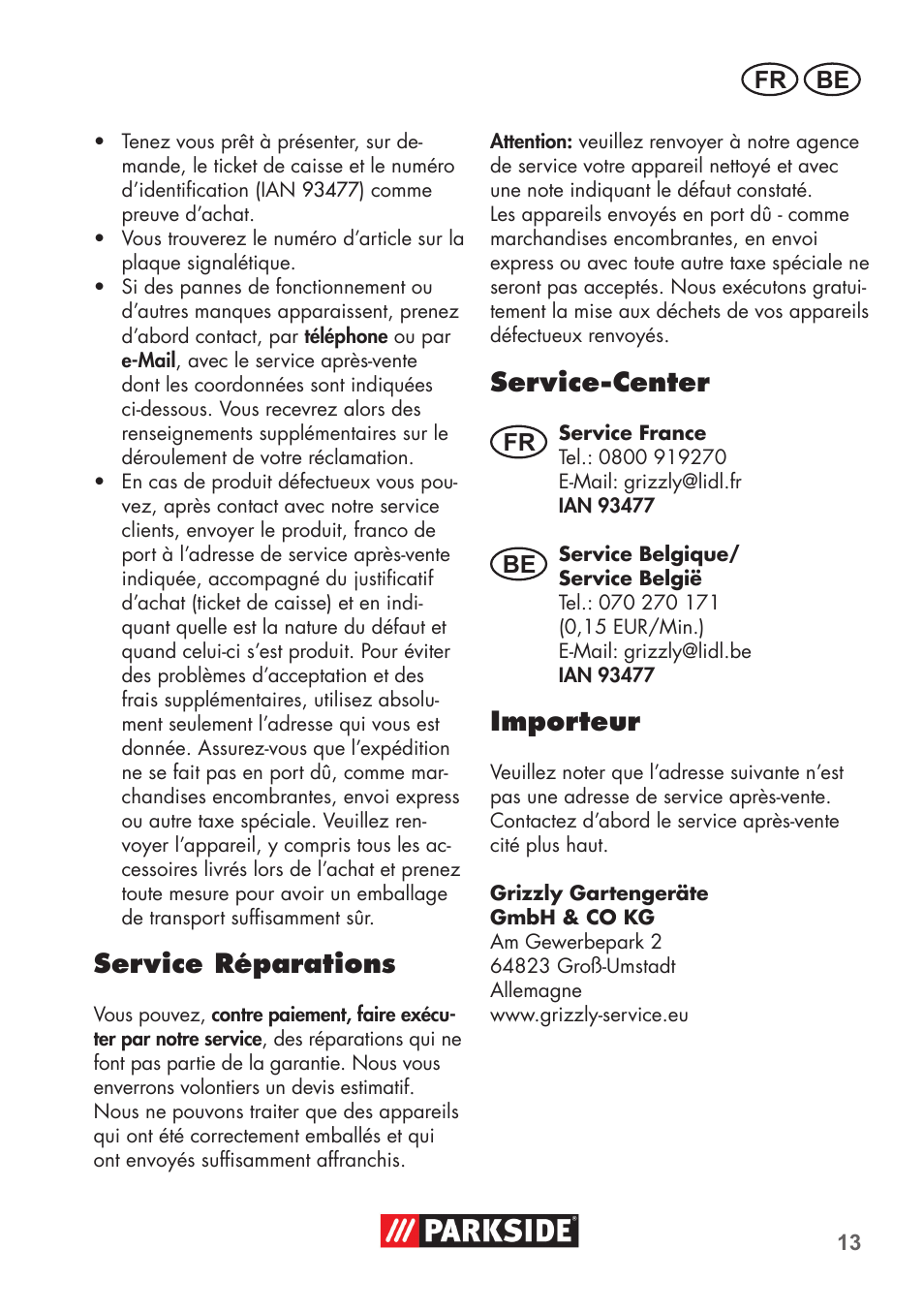 Service réparations, Service-center, Importeur | Fr be | Parkside PNTS 1300 B2 User Manual | Page 13 / 48