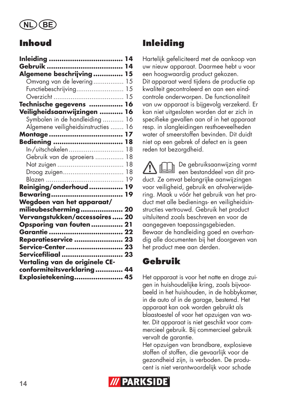 Inhoud, Inleiding, Gebruik | Nl be | Parkside PNTS 1300 B2 User Manual | Page 14 / 48