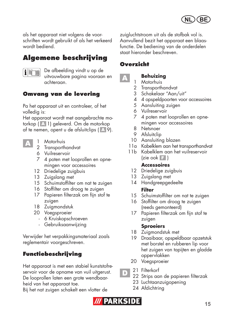 Algemene beschrijving, Nl be | Parkside PNTS 1300 B2 User Manual | Page 15 / 48