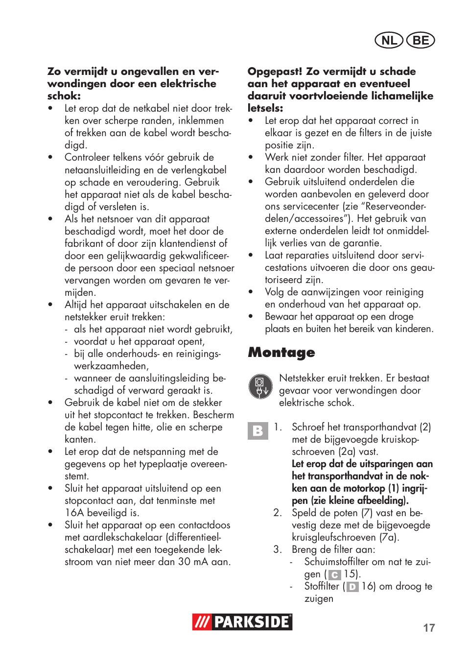 Montage, Nl be | Parkside PNTS 1300 B2 User Manual | Page 17 / 48