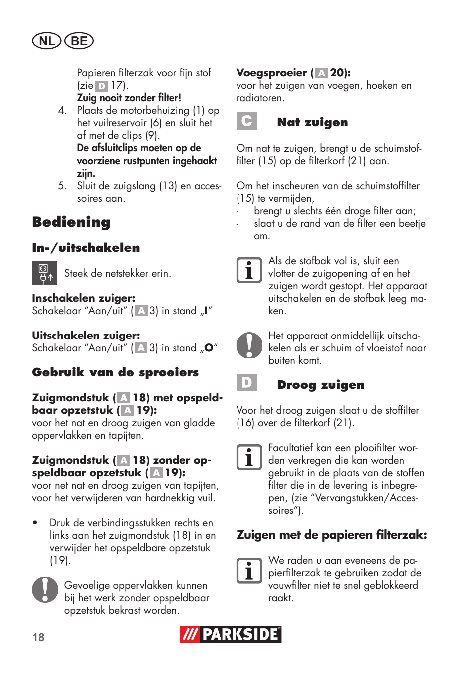 Bediening, Nl be | Parkside PNTS 1300 B2 User Manual | Page 18 / 48