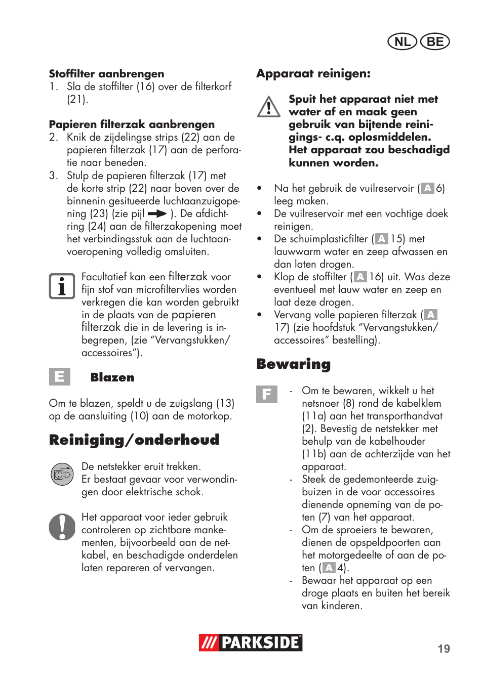 Reiniging/onderhoud, Bewaring, Nl be | Parkside PNTS 1300 B2 User Manual | Page 19 / 48