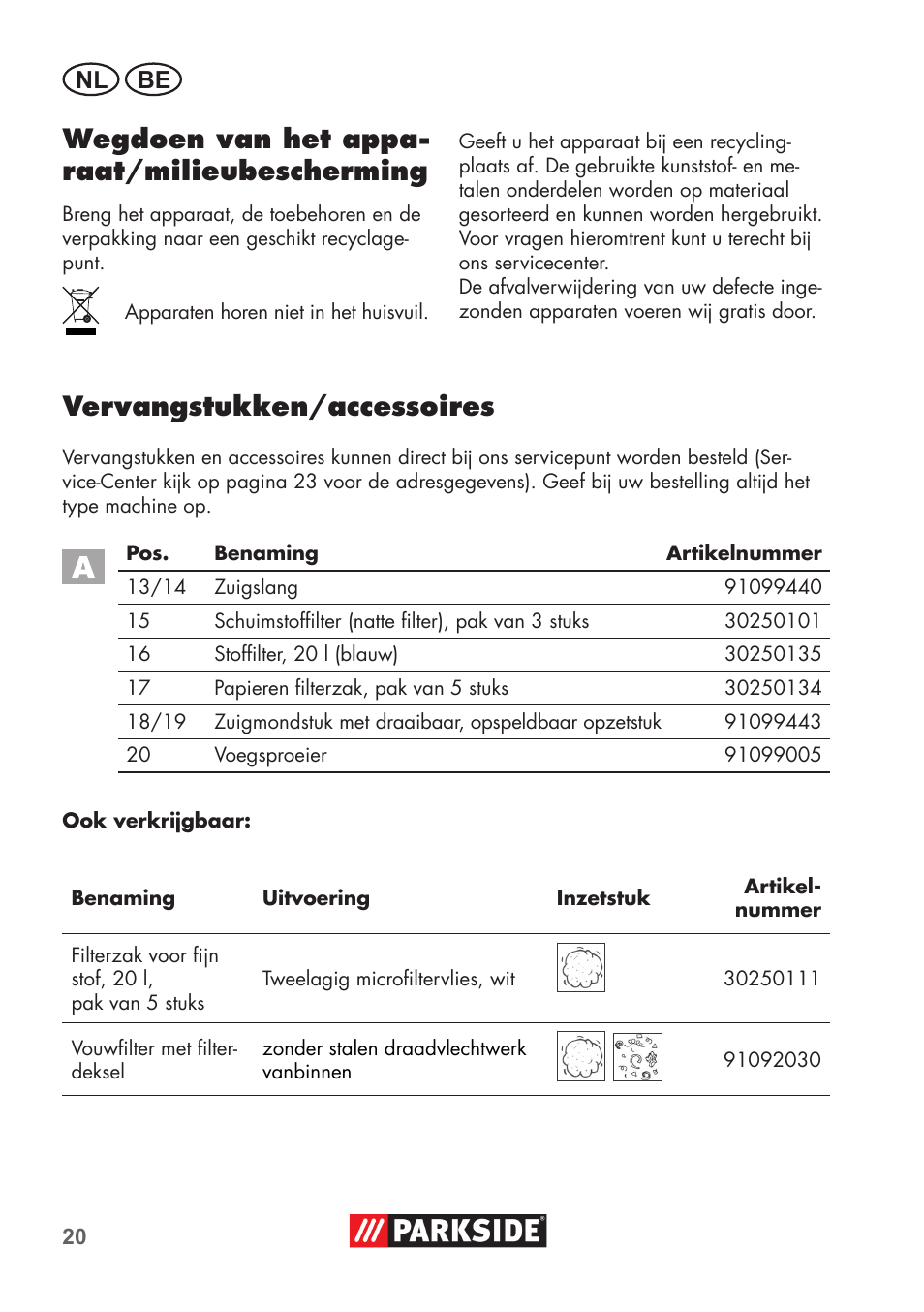 Wegdoen van het appa- raat/milieubescherming, Vervangstukken/accessoires | Parkside PNTS 1300 B2 User Manual | Page 20 / 48