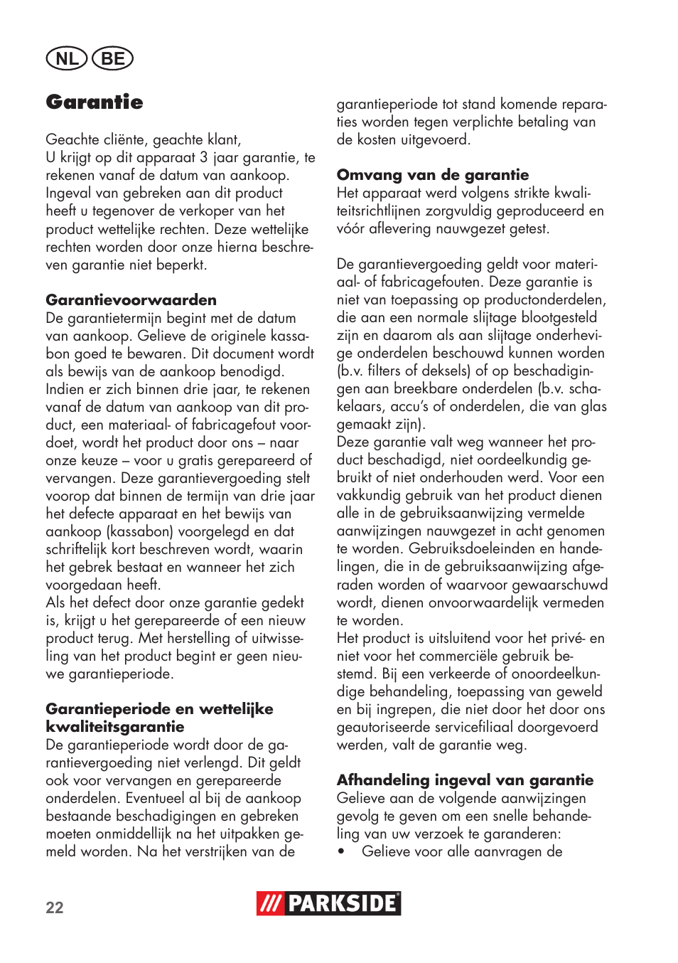 Garantie, Nl be | Parkside PNTS 1300 B2 User Manual | Page 22 / 48
