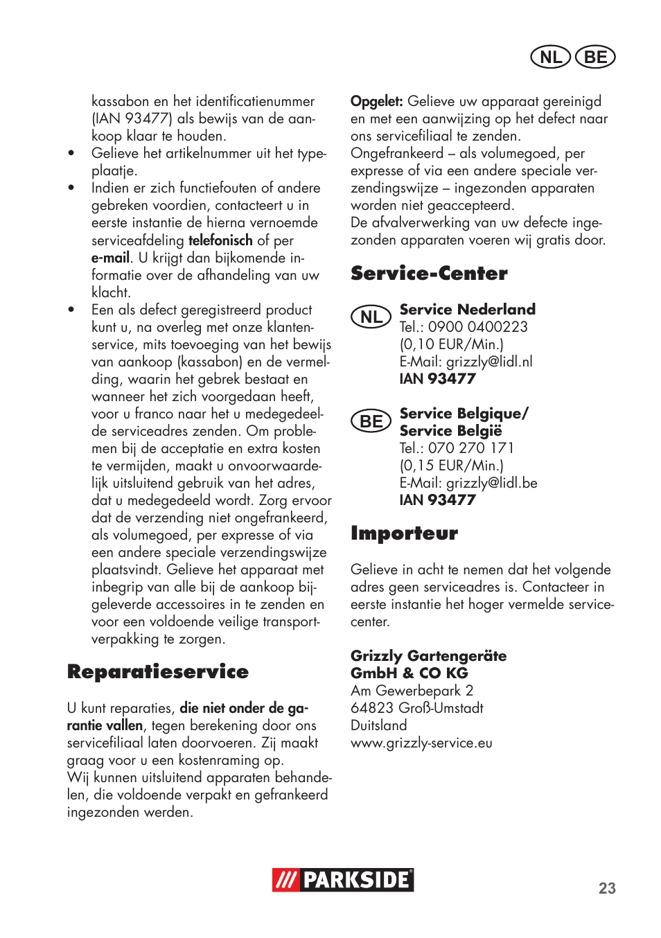 Reparatieservice, Service-center, Importeur | Nl be | Parkside PNTS 1300 B2 User Manual | Page 23 / 48