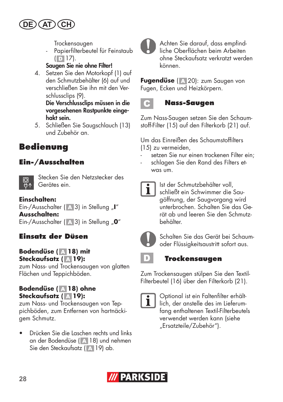 Bedienung, De at ch | Parkside PNTS 1300 B2 User Manual | Page 28 / 48