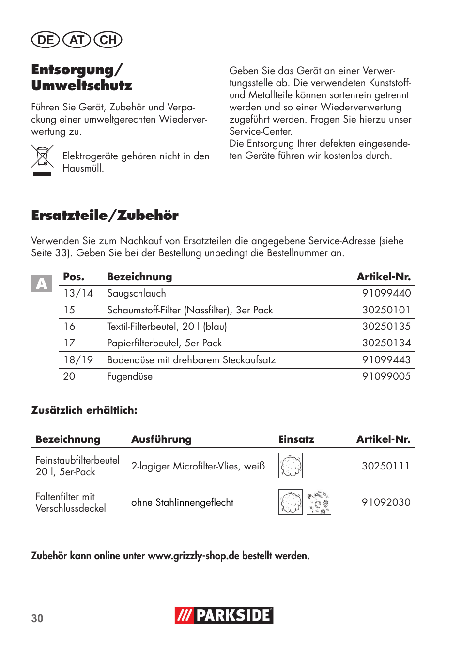 Entsorgung/ umweltschutz, Ersatzteile/zubehör, De at ch | Parkside PNTS 1300 B2 User Manual | Page 30 / 48