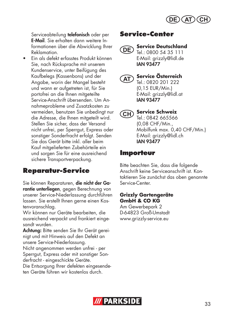 Reparatur-service, Service-center, Importeur | Parkside PNTS 1300 B2 User Manual | Page 33 / 48