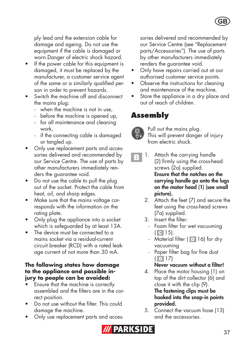 Assembly | Parkside PNTS 1300 B2 User Manual | Page 37 / 48