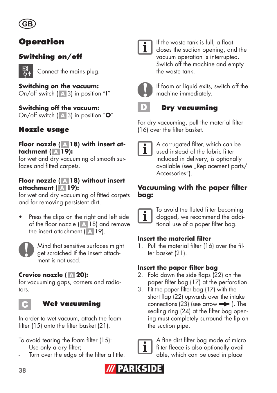 Operation | Parkside PNTS 1300 B2 User Manual | Page 38 / 48