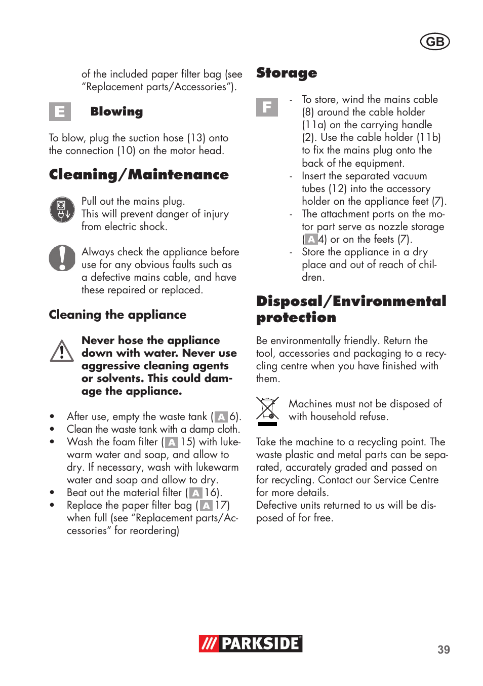 Cleaning/maintenance, Storage, Disposal/environmental protection | Parkside PNTS 1300 B2 User Manual | Page 39 / 48