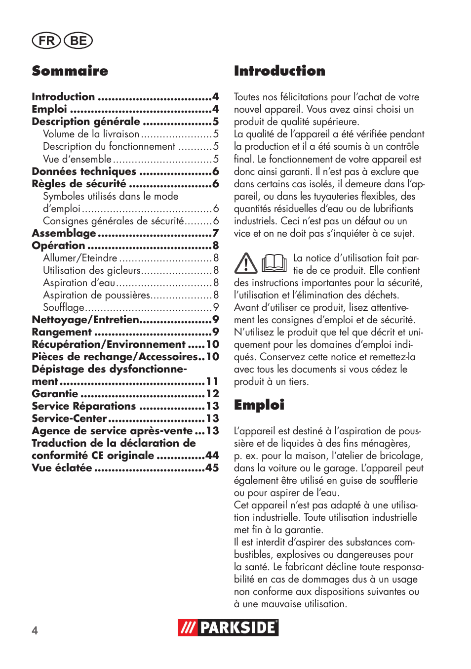 Sommaire, Introduction, Emploi | Fr be | Parkside PNTS 1300 B2 User Manual | Page 4 / 48