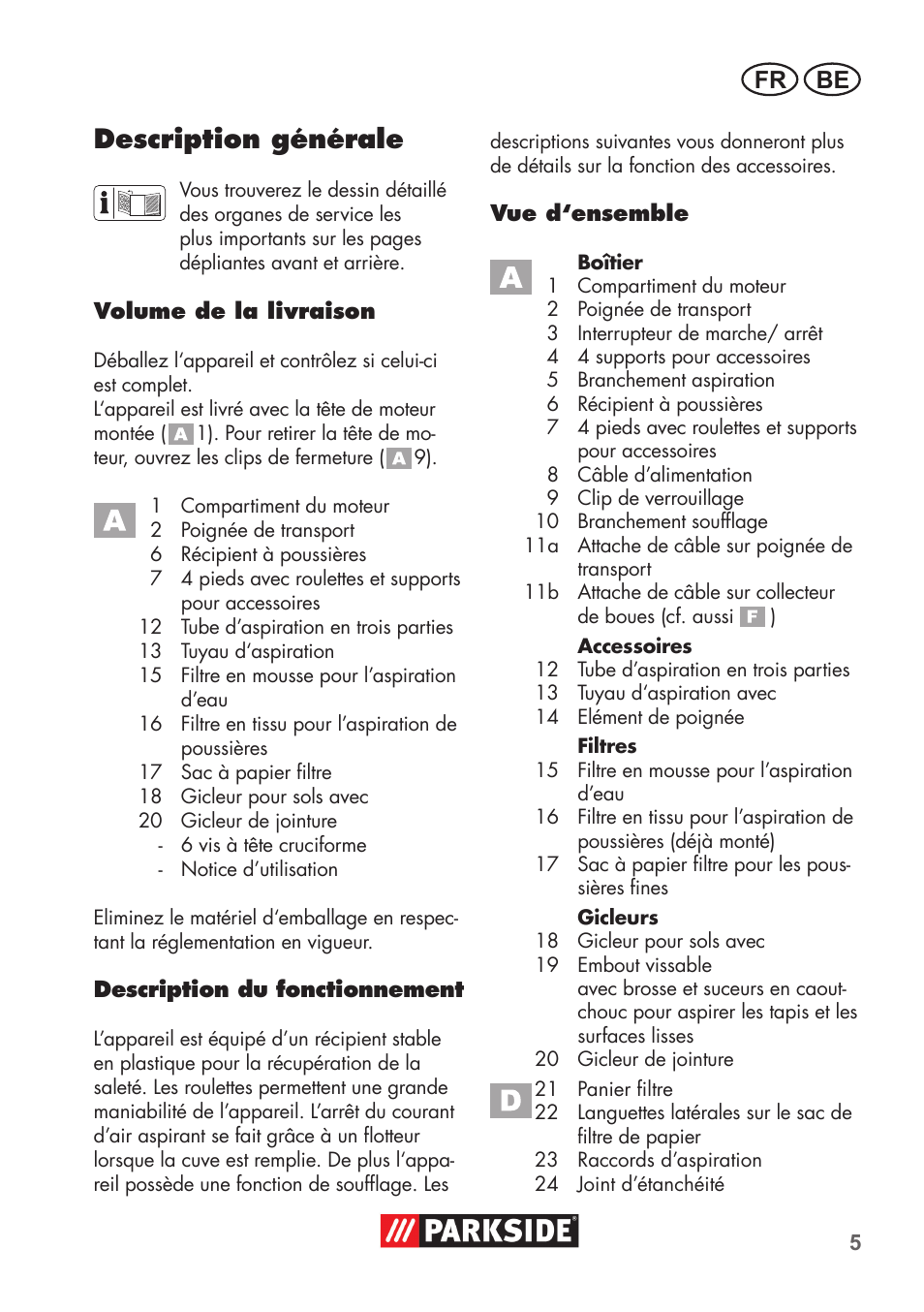 Description générale, Fr be | Parkside PNTS 1300 B2 User Manual | Page 5 / 48