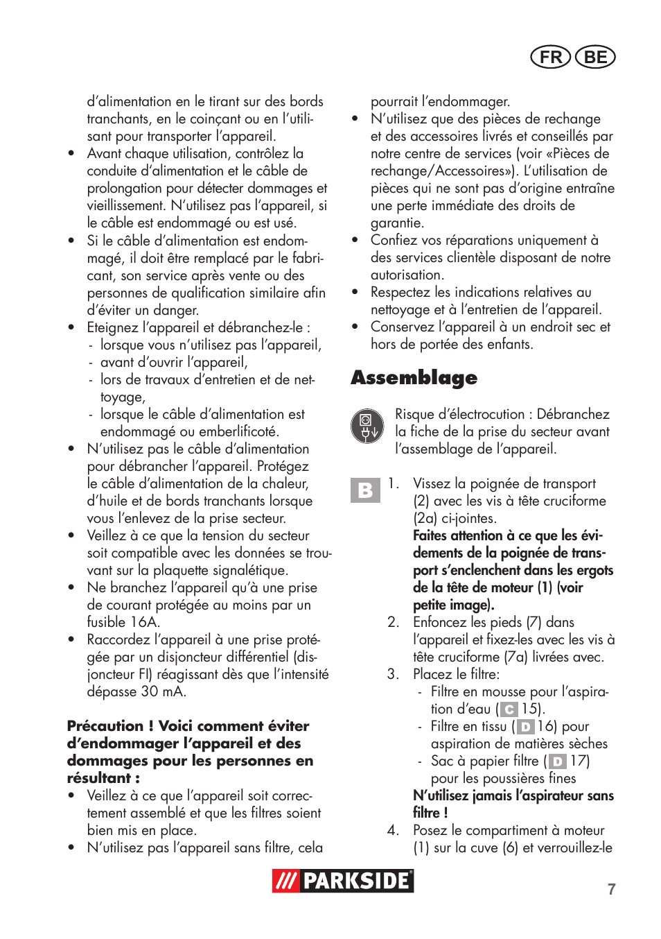 Assemblage, Fr be | Parkside PNTS 1300 B2 User Manual | Page 7 / 48