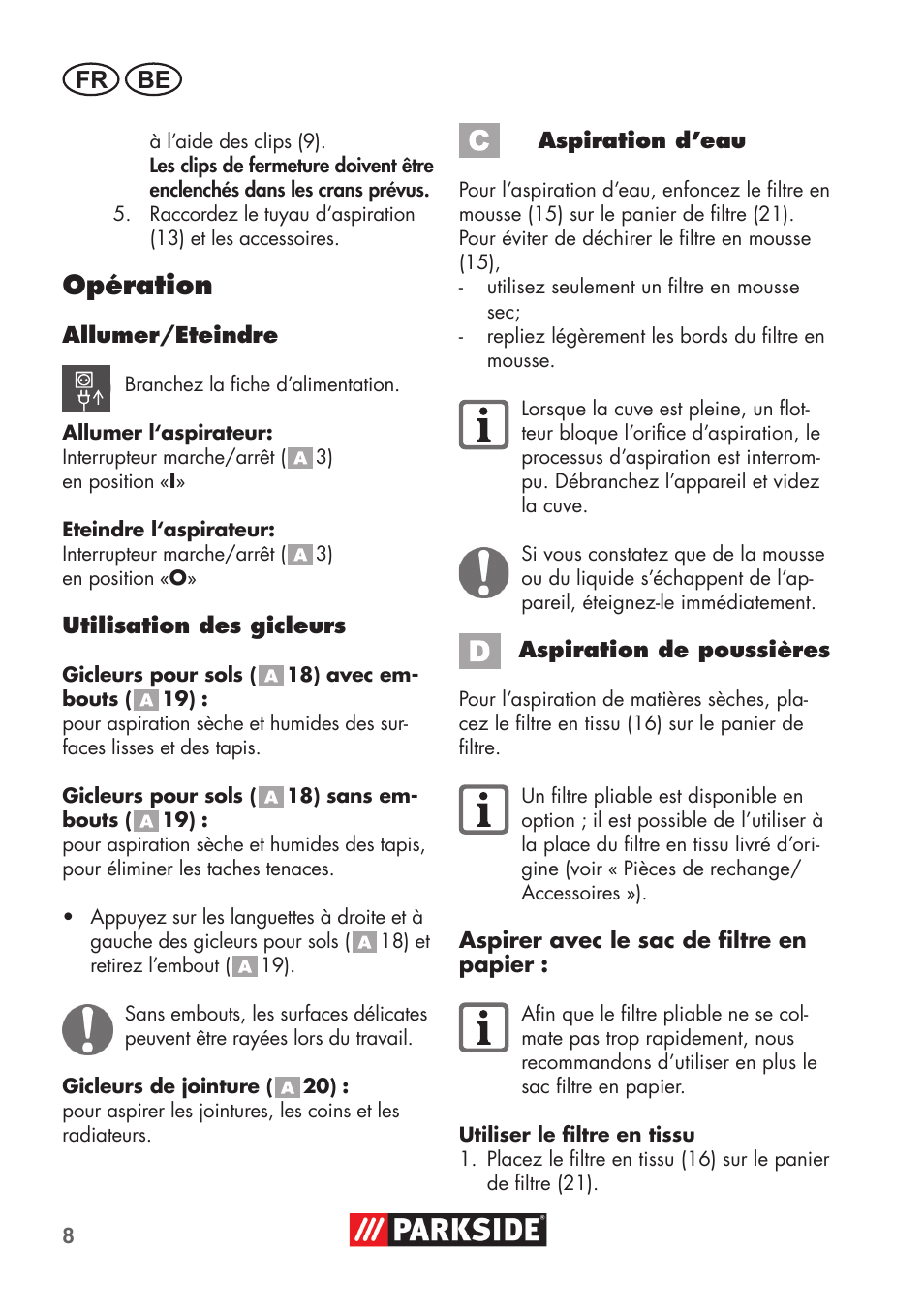 Opération, Fr be | Parkside PNTS 1300 B2 User Manual | Page 8 / 48