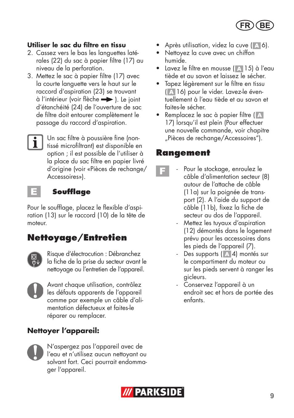 Nettoyage/entretien, Rangement, Fr be | Parkside PNTS 1300 B2 User Manual | Page 9 / 48