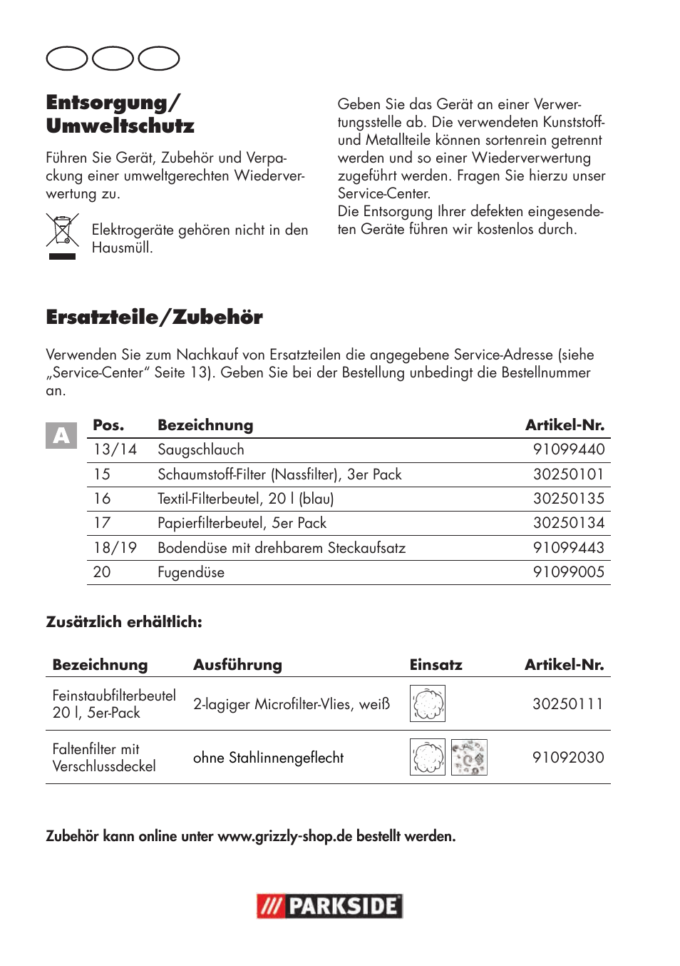 Entsorgung/ umweltschutz, Ersatzteile/zubehör | Parkside PNTS 1300 B2 User Manual | Page 10 / 48