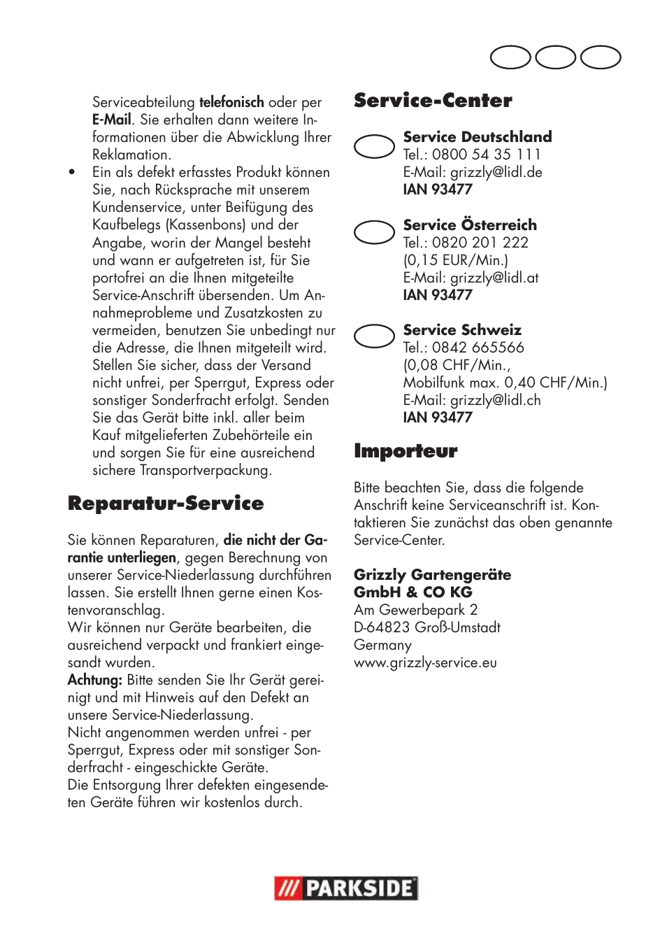 Reparatur-service, Service-center, Importeur | De at ch | Parkside PNTS 1300 B2 User Manual | Page 13 / 48